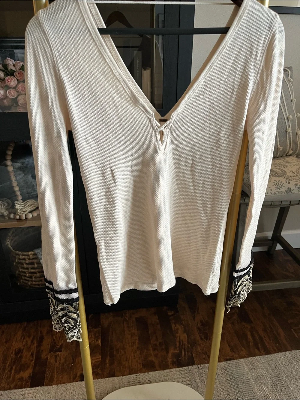 Free People Cream Textured V-Neck Knit Top